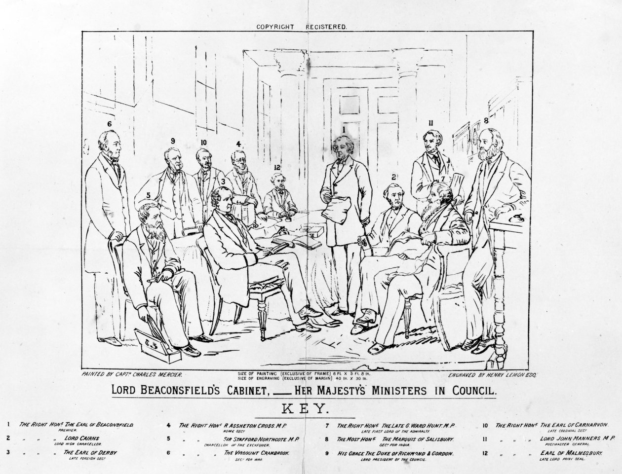 Lord Beaconsfields kabinet 1874 - Hendes Majestæts ministre i Rådet, tryk udført af Henry Lemon, 1880 (stik) af Charles Mercier