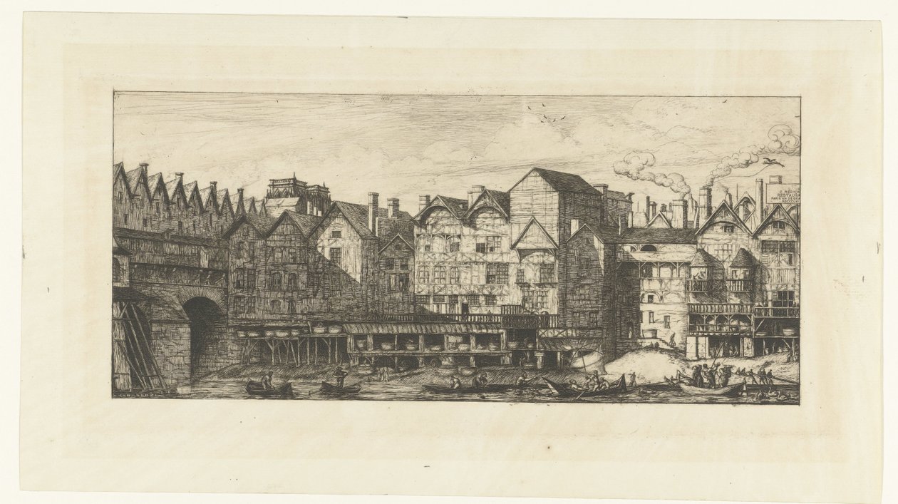 Bagfacader af buntmagerhuse på Seinen nær Pont-au-Change i Paris En del af Paris slutningen af ​​det syttende århundrede Partie de la cité vers la Fin du XVIIe siècle af Charles Meryon