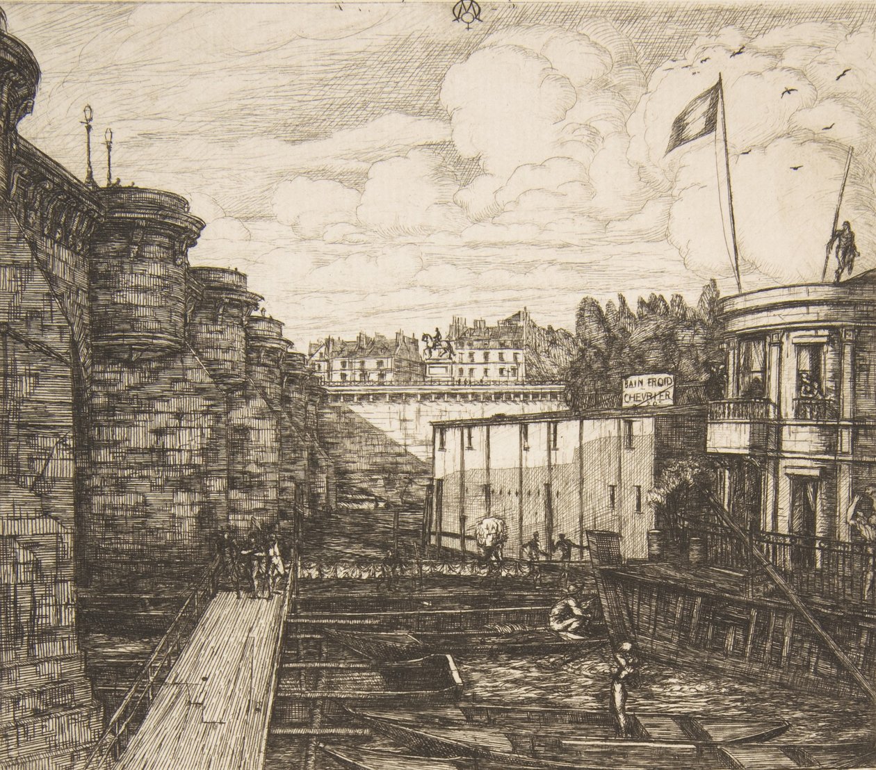 Bain-froid Chevrier Chevriers kolde badeanstalt, eller The School Baths, Paris, 1864. af Charles Meryon