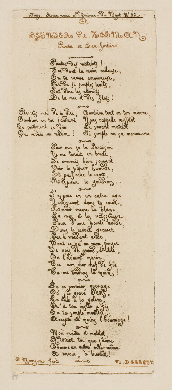 Dedikatoriske vers af Meryon til Reinier Nooms, kaldet Zeeman af Charles Meryon