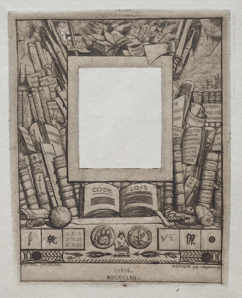Design til en ramme til portrættet af Armand Guéraud, 1862. af Charles Meryon
