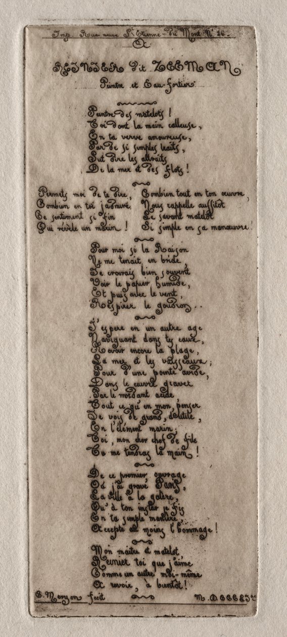 Etchings of Paris: Dedikation til Reynier Nooms, kaldet Zeeman af Charles Meryon