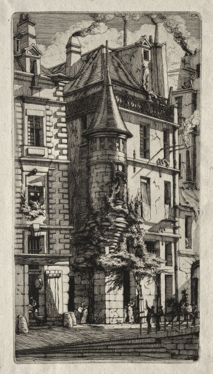 Raderinger af Paris:  Hus med tårn, Vævergaden af Charles Meryon