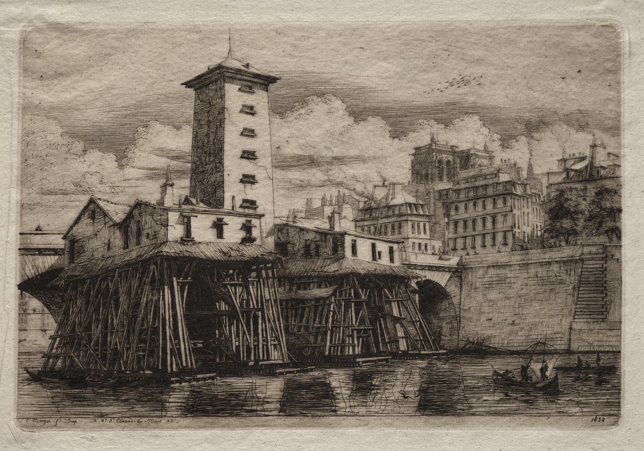 Ætsninger af Paris: Notre Dame-pumpen af Charles Meryon
