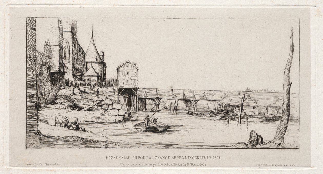 Gangbro, der midlertidigt erstatter Exchange Bridge, Paris, efter branden i 1621 af Charles Meryon