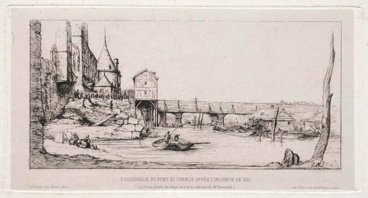 Gangbro erstatter midlertidigt Exchange Bridge, Paris, efter branden i 1621, 1860. af Charles Meryon