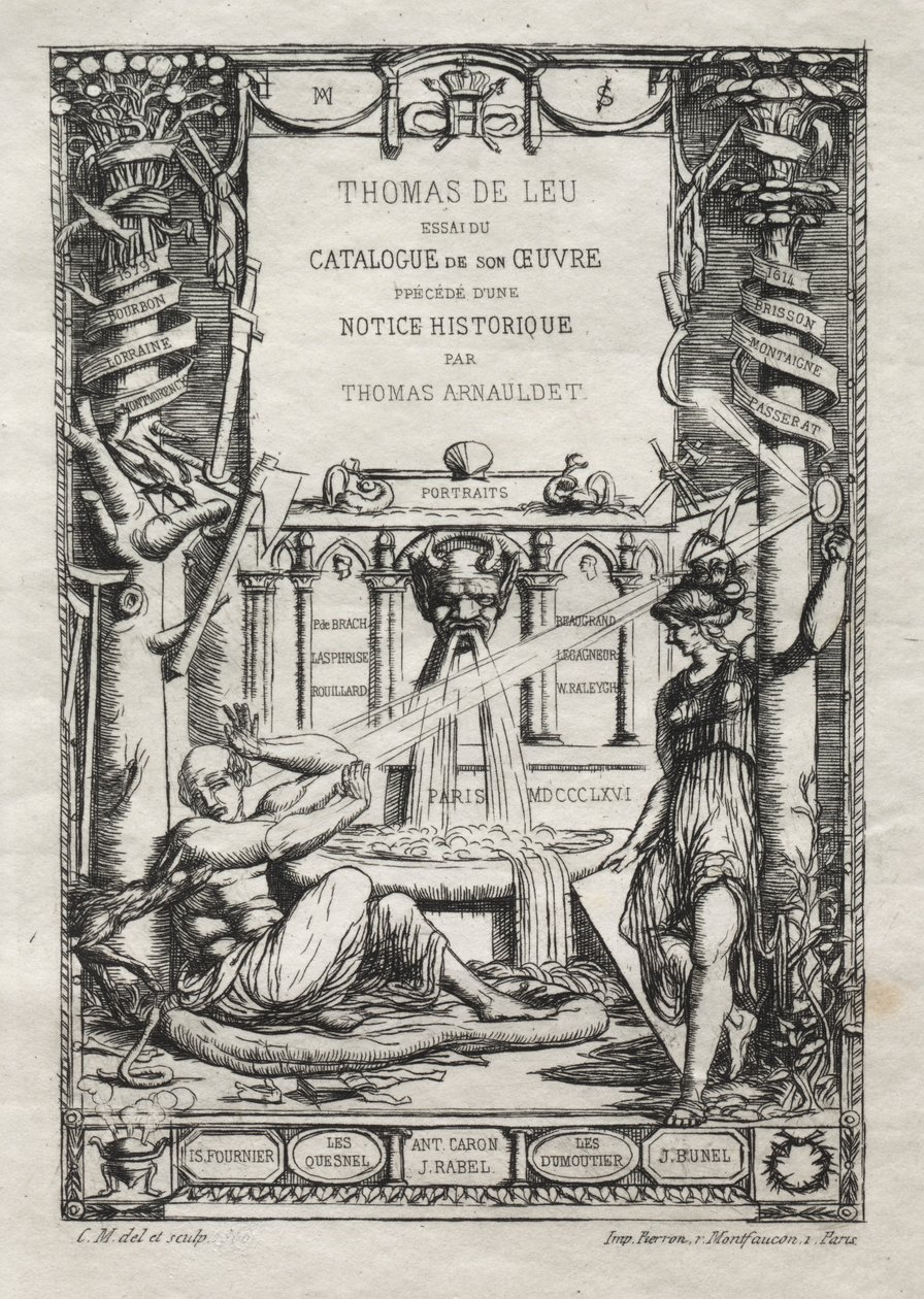 Frontispice til et katalog over graveringerne af Thomas de Leu, 1866. af Charles Meryon