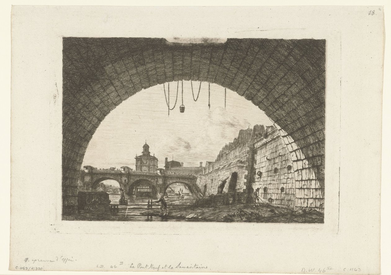 Se på Pont-Neuf af under boog Pont-au-Change i Paris Pont Neuf og Samaritaine fra under den første bue af Pont au Change af Charles Meryon