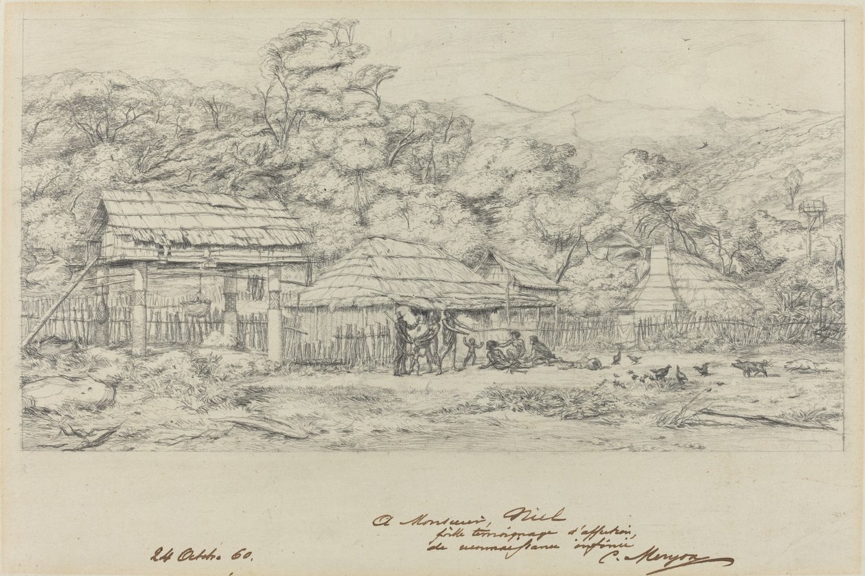 Indfødte kornmagasiner og boliger på Akaroa, Banks Island af Charles Meryon