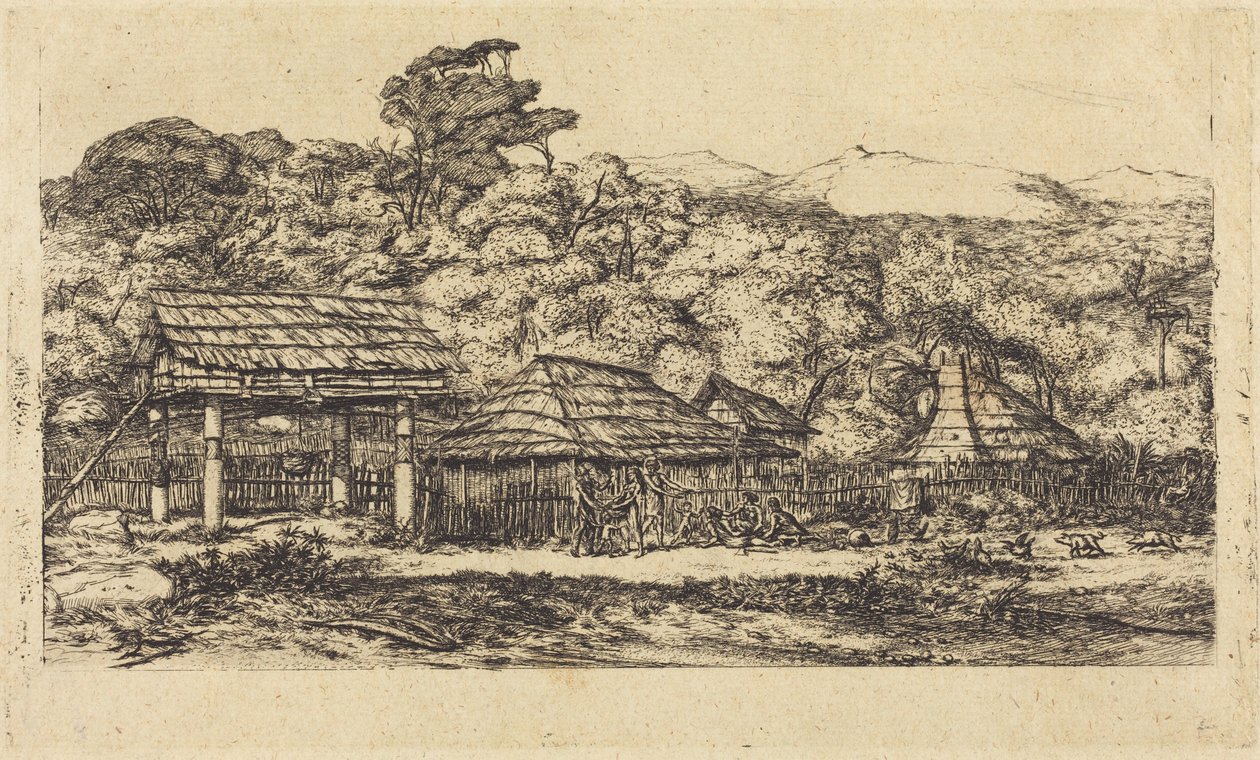 Indfødte lader og hytter i Akaroa, Banks-halvøen, 1845 af Charles Meryon