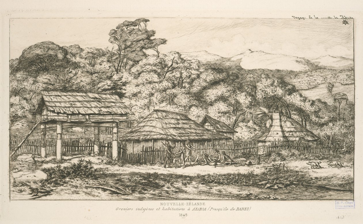 Indfødte kornmagasiner og boliger ved Akaroa, Banks Peninsula, illustration fra 