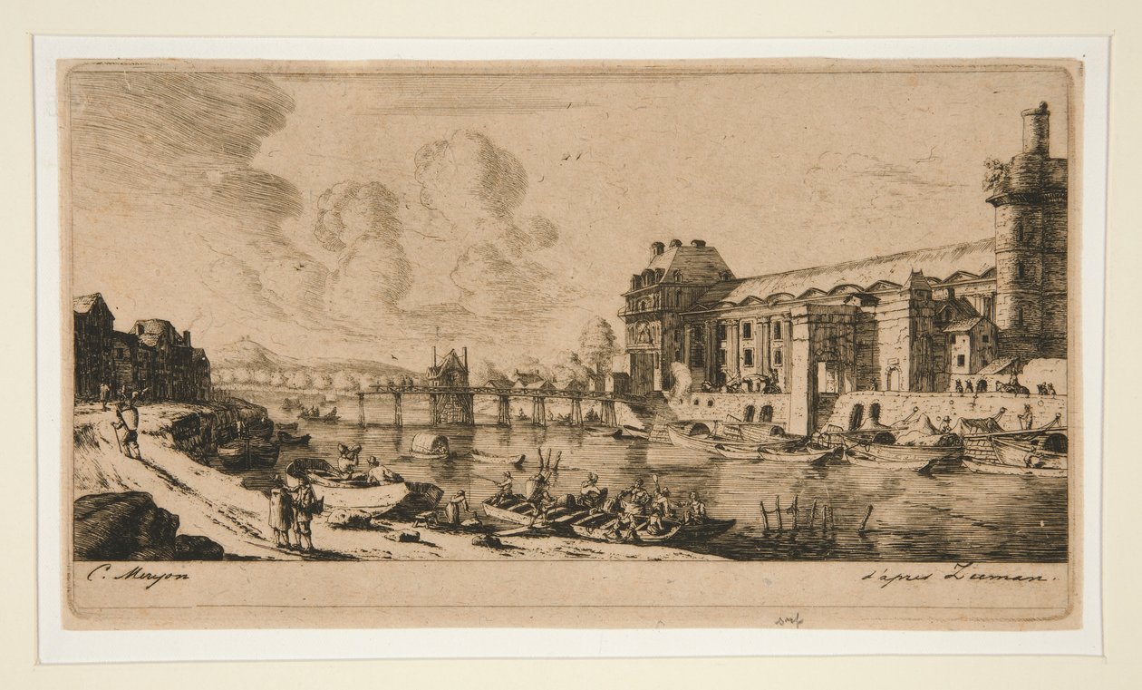 Pavillon de Mademoiselle og en del af Louvre [The af Charles Meryon