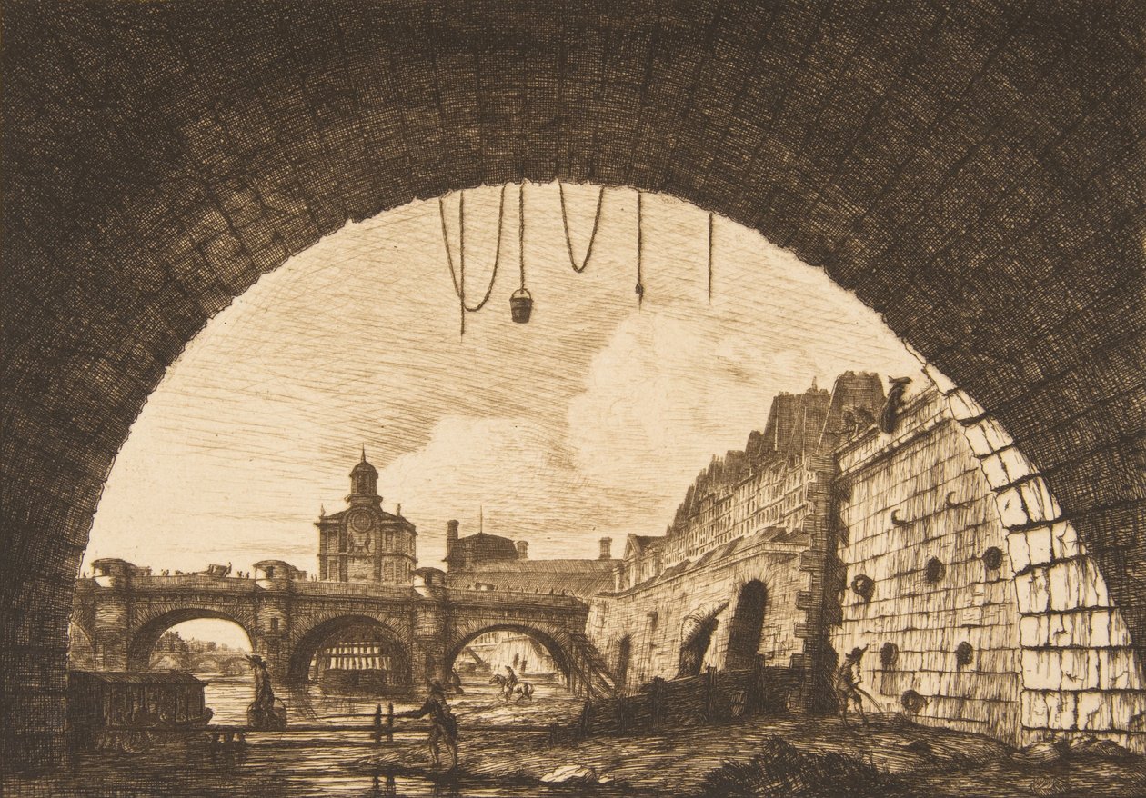 Pont-neuf og Samaritaine fra under den første bue af Pont-au-Change Pont-neuf..., 1855. af Charles Meryon