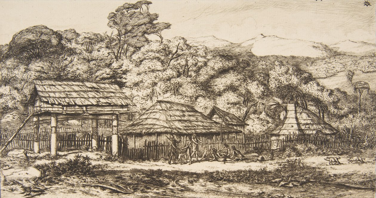 Indfødte lader og hytter ved Akaroa, Banks Peninsula, 1845, 1860. af Charles Meryon