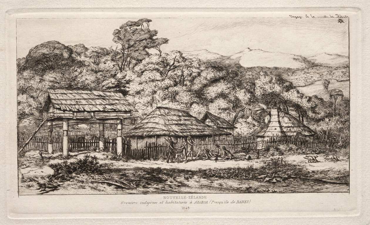 Indfødte lader og hytter ved Akaroa, Banks Peninsula, 1845, 1865. af Charles Meryon