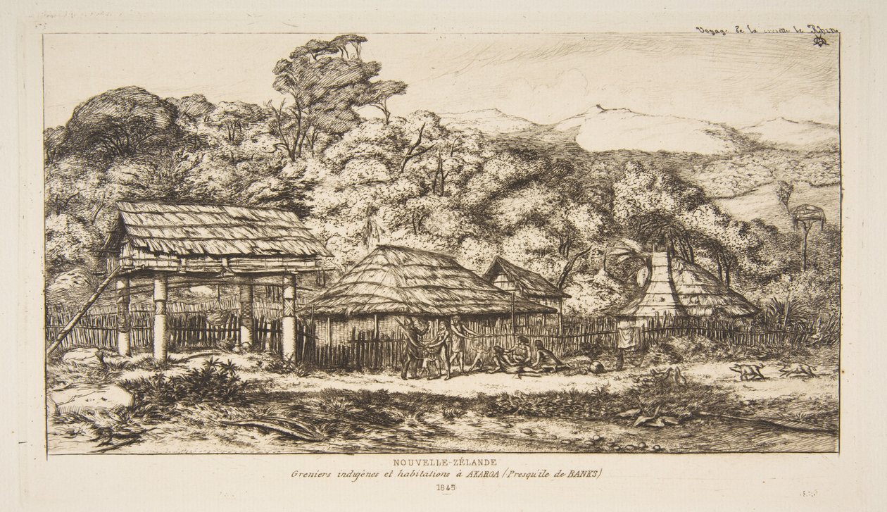 Indfødte lader og hytter ved Akaroa, Banks Peninsula, 1845, fra «Rejsen til New Zealand (1842-46)» af Charles Meryon