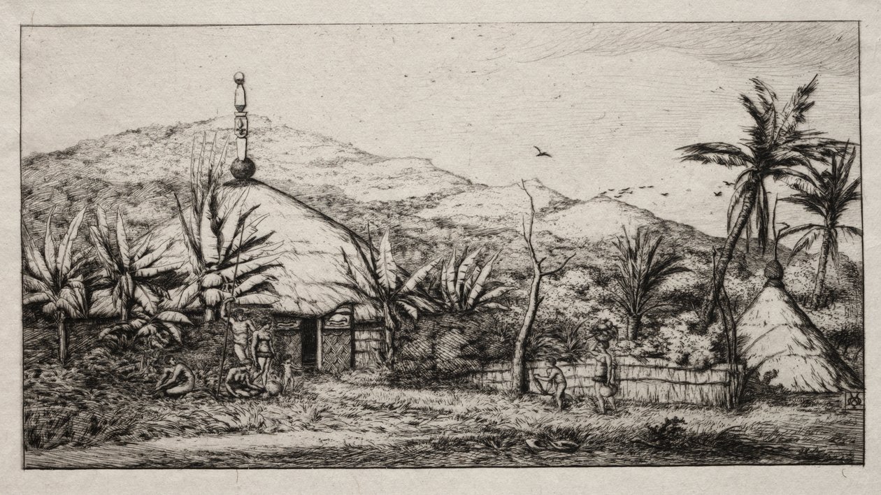 Ny Kaledonien: Stor indfødt hytte på vejen fra Balade til Puebo, 1845 af Charles Meryon
