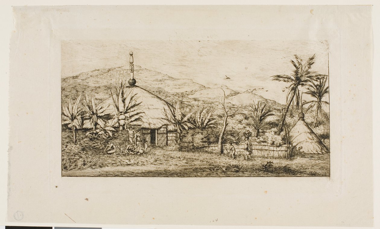 Ny Kaledonien: Stor indfødt hytte på vejen fra Balade til Puépo, 1845 af Charles Meryon