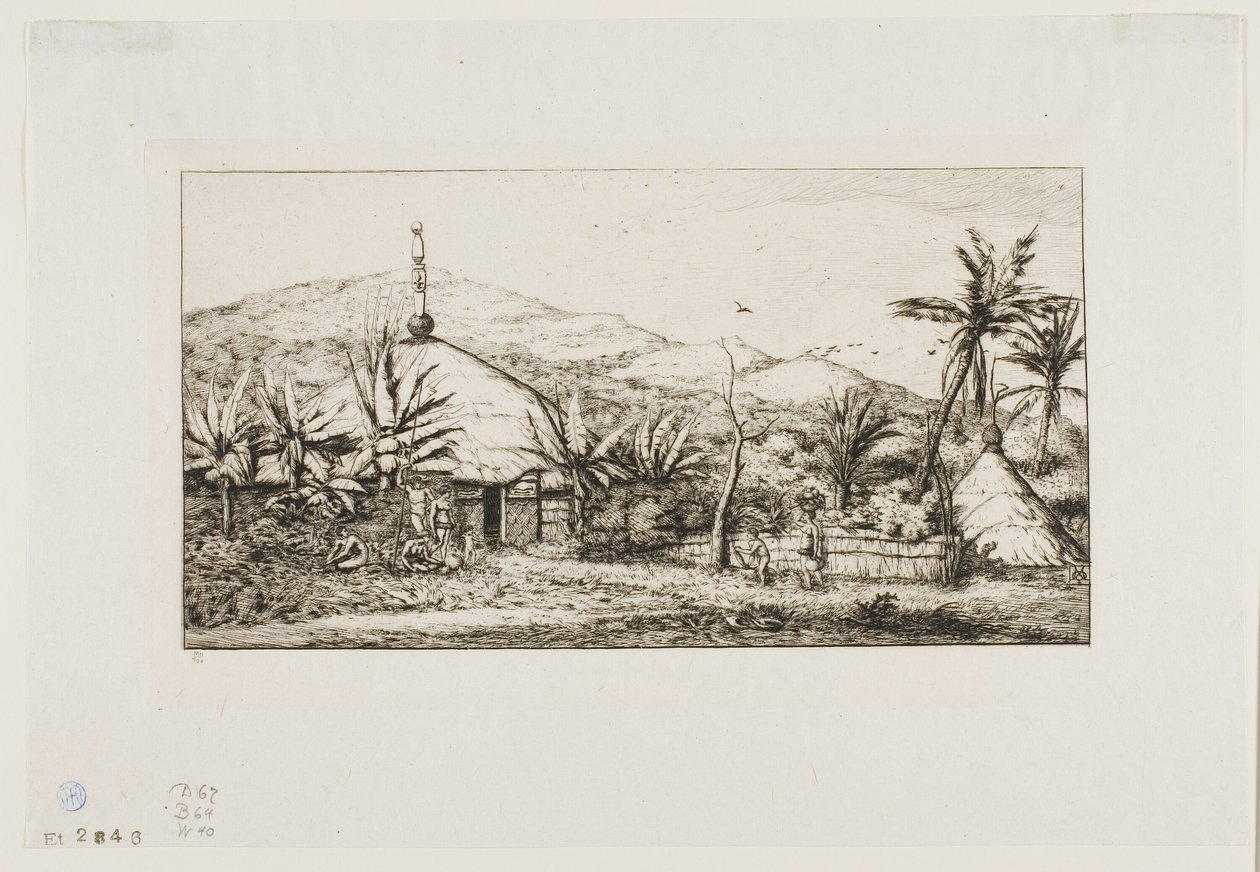 Ny Kaledonien: Stor indfødt hytte på vejen fra Balade til Puépo, 1845 af Charles Meryon