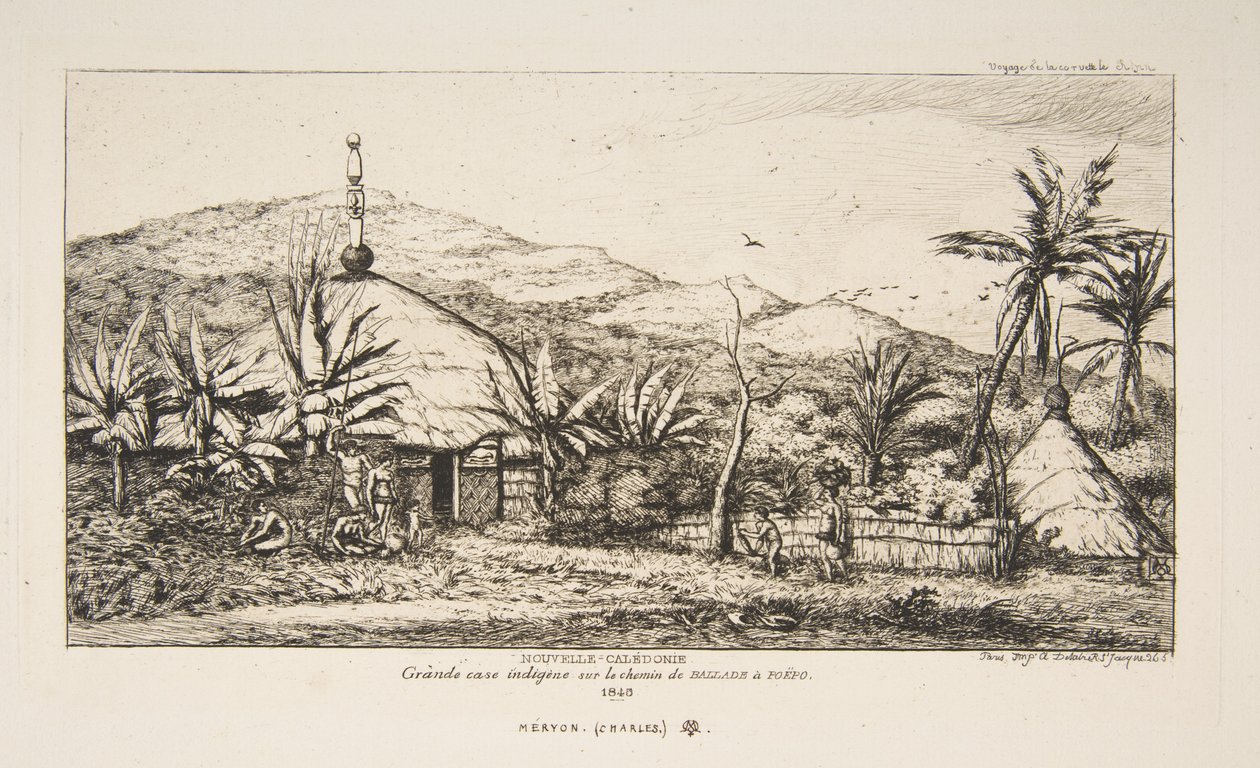 Ny Kaledonien: Stor indfødt hytte på vejen fra Balade til Puebo, 1845, fra "Rejsen til New Zealand (1842-46)" af Charles Meryon
