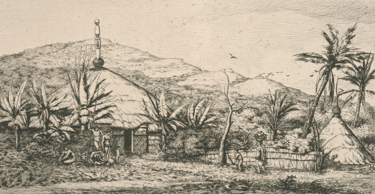 Ny Kaledonien, Ny Kaledonien: stor indfødt hytte på gangbroen til Poepo, illustration fra "Etching of the Pacific...", 1863 af Charles Meryon