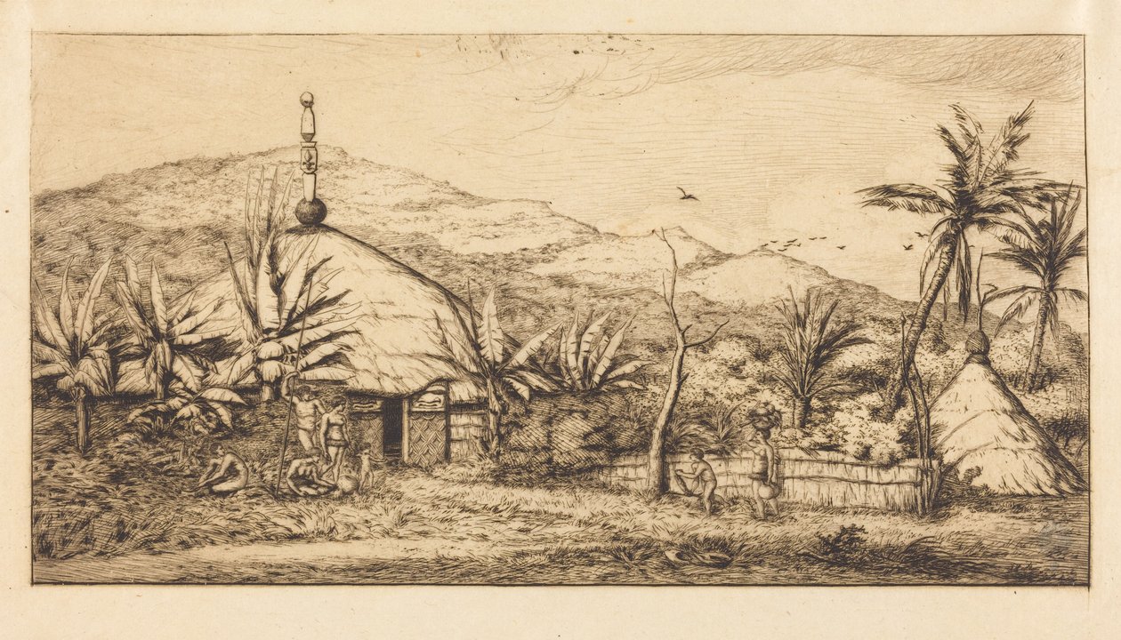 Ny-Kaledonien: Stor indfødt hytte på vejen fra Balade til Poepo, 1845 (New Caledonia: Large Native Hut on the Road from Balade to Puebo, 1845) af Charles Meryon