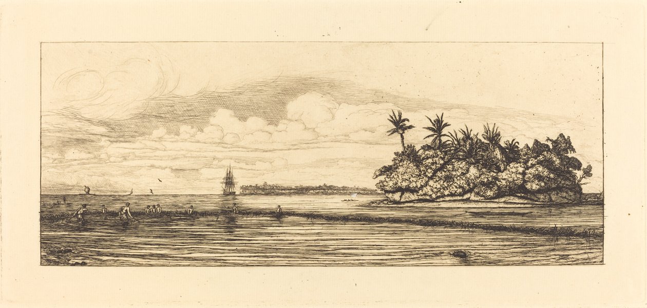 Oceanien, øer i Uvea (Wallis); Peche aux palmes, 1845 (Oceanien: Fiskeri, nær øer med palmer i Uea- eller Wallis-gruppen) af Charles Meryon