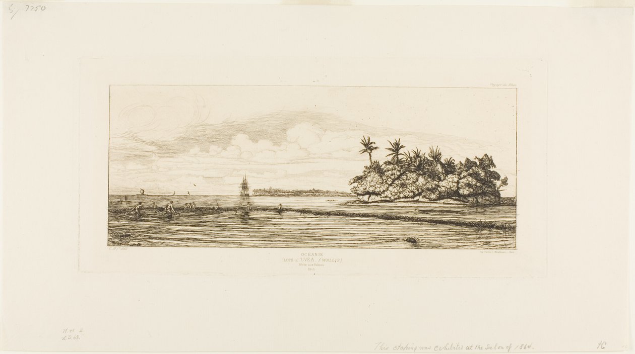 Oceanien: Fiskeri, nær øer med palmer i Uea eller Wallis Group, 1845 af Charles Meryon