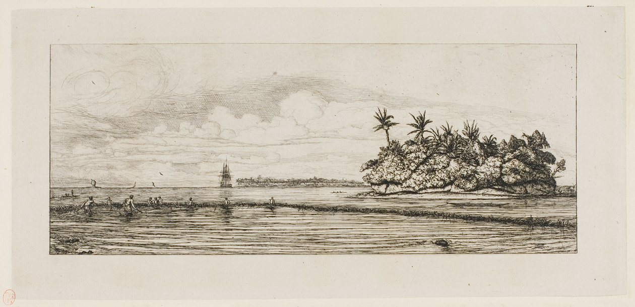 Oceanien: Fiskeri, nær øer med palmer i Uea eller Wallis Group, 1845 af Charles Meryon