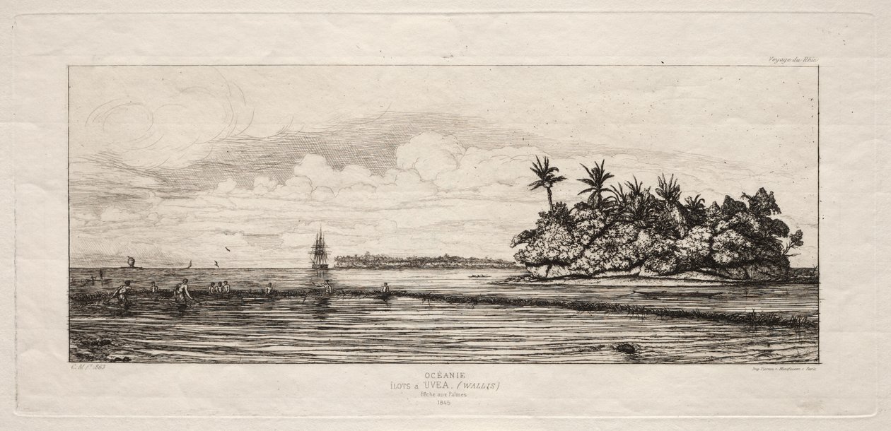 Oceanien: Fiskeri nær øer med palmer i Uea eller Wallis Group, 1845 af Charles Meryon