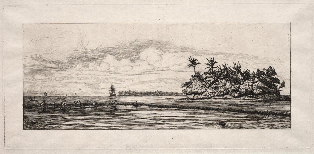 Oceanien: Fiskeri nær øer med palmer i Uea eller Wallis Group, 1863. af Charles Meryon