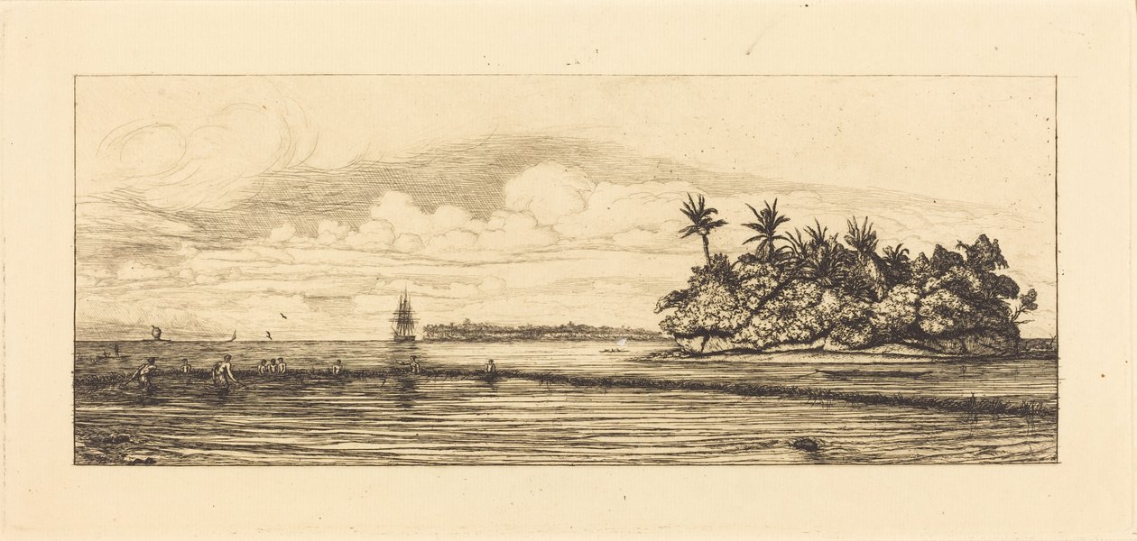 Oceanien, øer ved Uvea (Wallis); Fiskeri med svømmefødder, 1845 (Oceanien: Fiskeri nær øer med palmer i Uvea- eller Wallis-gruppen) af Charles Meryon
