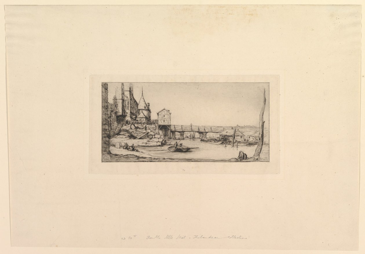 Pont-au-Change gangbro, efter branden i 1621. Gangbroen erstattet midlertidigt..., 1860. af Charles Meryon