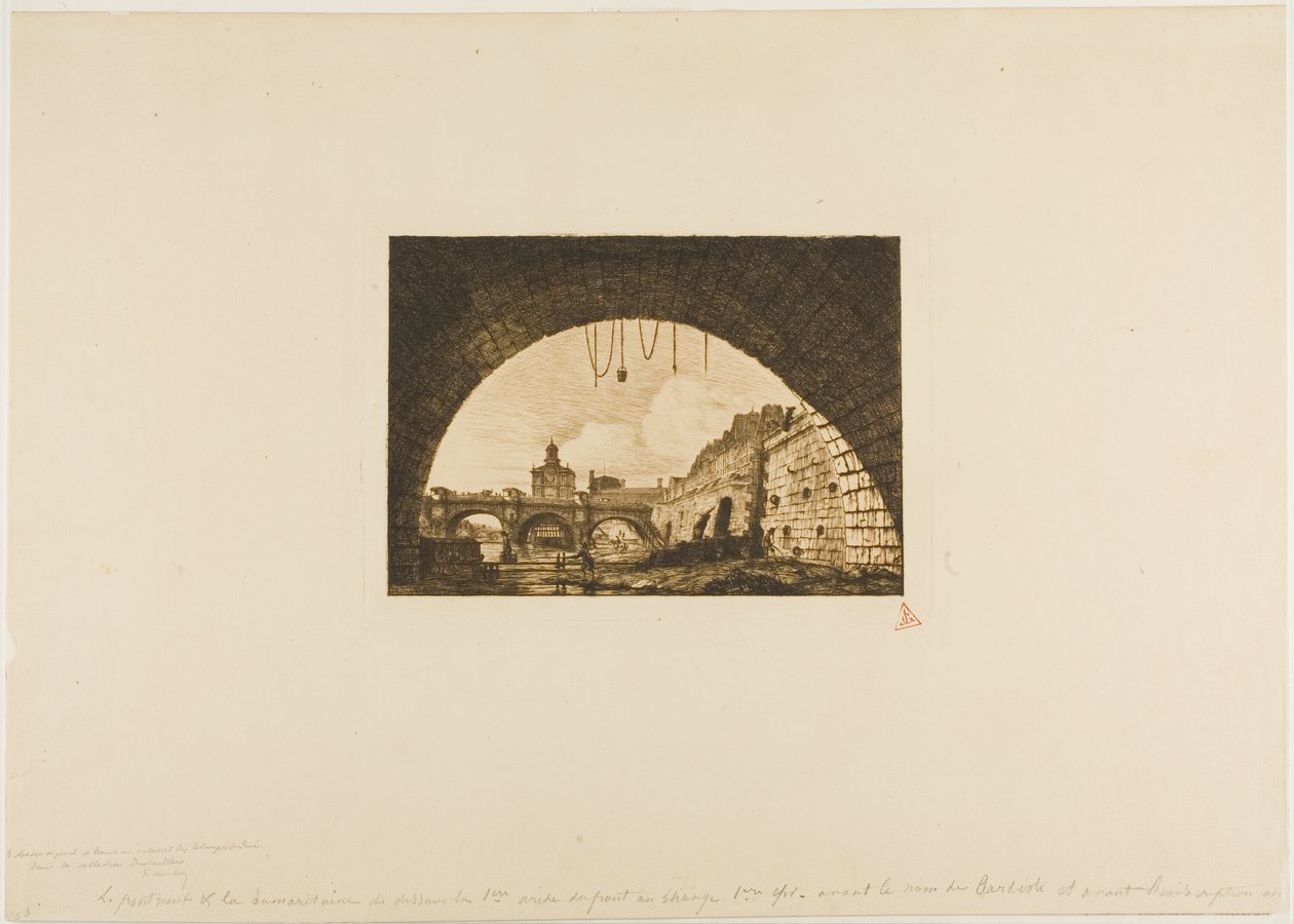 Pont-Neuf og Samaritaine set fra under den første bue af Pont-au-Change, Paris af Charles Meryon