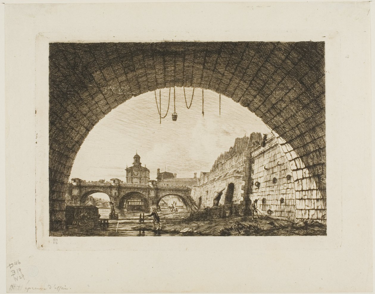 Pont-Neuf og Samaritaine set fra under den første bue af Pont-au-Change, Paris af Charles Meryon