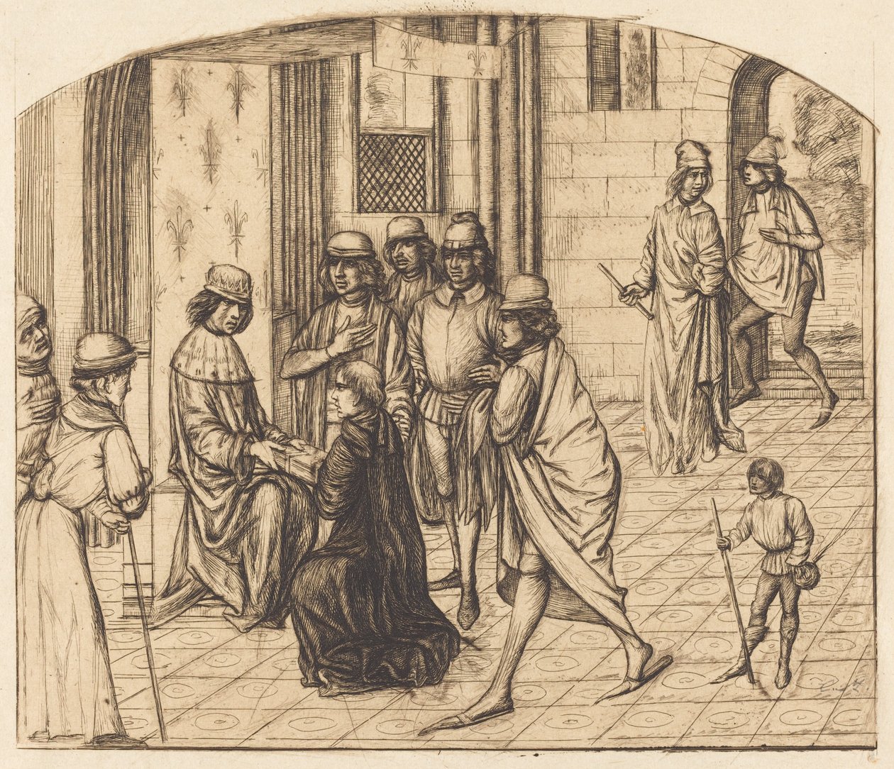Præsentation af Valère Maxime til kong Louis XI (trykkeren Valerius Maximus bliver præsenteret for kong Louis XI) af Charles Meryon