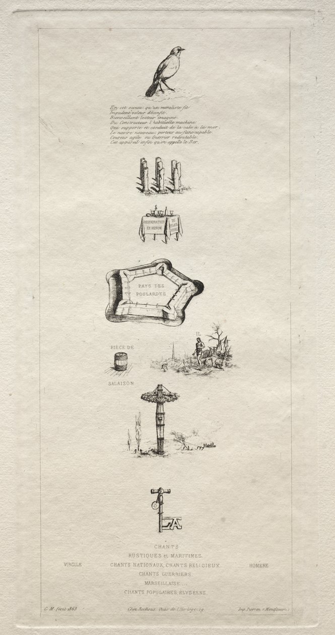 Rebus: Beranger var ikke rigtig stærk, for han havde aldrig nøglen til markerne, 1863. af Charles Meryon