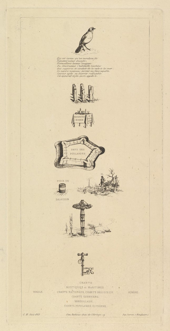 Rebus: Béranger var ikke rigtig stærk, for han havde aldrig nøglen til markerne, 1863. af Charles Meryon