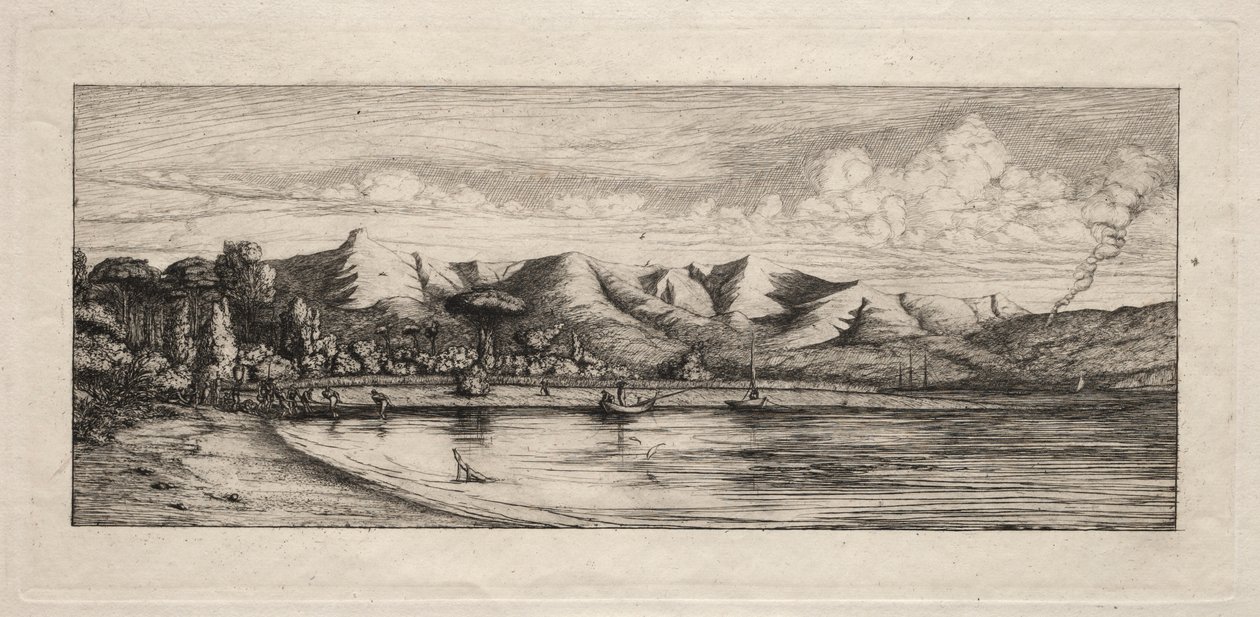 Notfiskeri ud for Charcoal Burners Point, Akaroa, 1865. af Charles Meryon