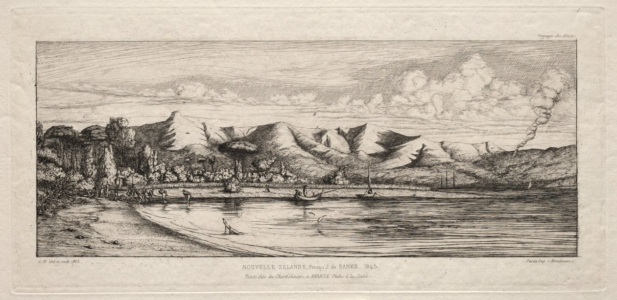 Notfiskeri ud for Charcoal Burners Point, Akaroa, Banks Peninsula, 1845, 1863. af Charles Meryon