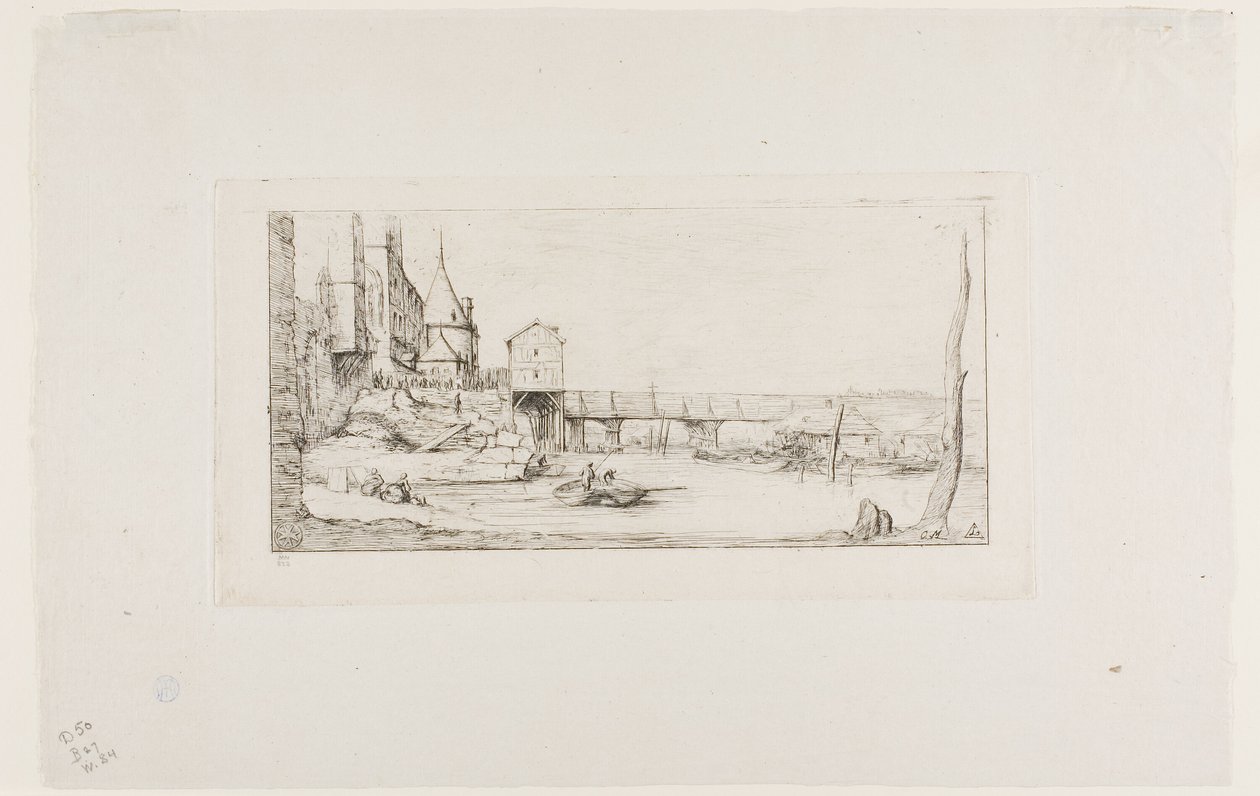 Gangbroen, der midlertidigt erstattede Pont-au-Change, Paris, efter branden i 1621 af Charles Meryon