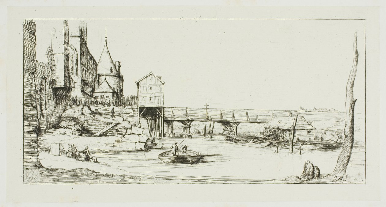 Gangbroen, der midlertidigt erstattede Pont-au-Change, Paris, efter branden i 1621 af Charles Meryon