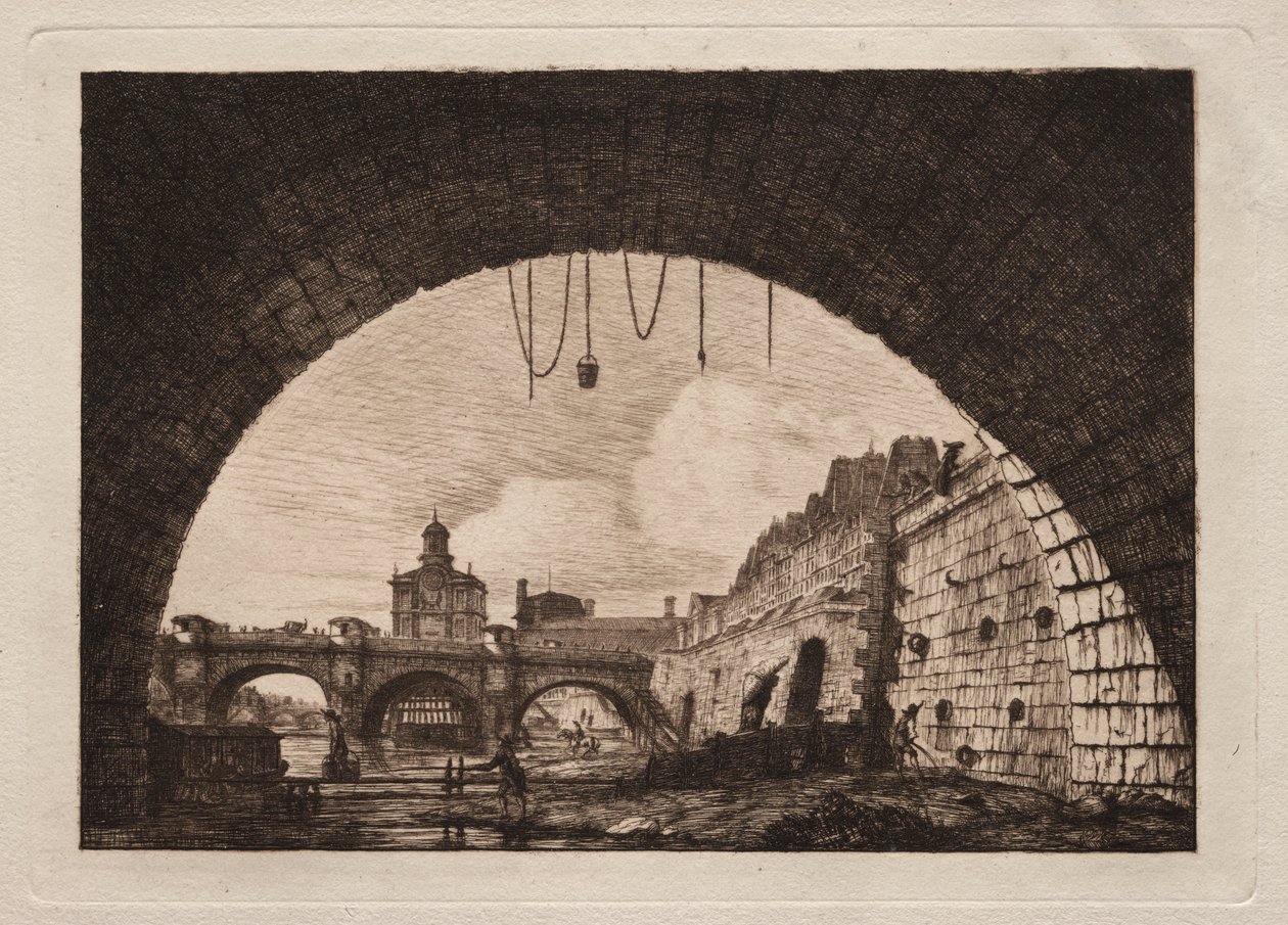 Den nye bro og Samaritaine set fra under den første bue af Exchange Bridge, Paris af Charles Meryon