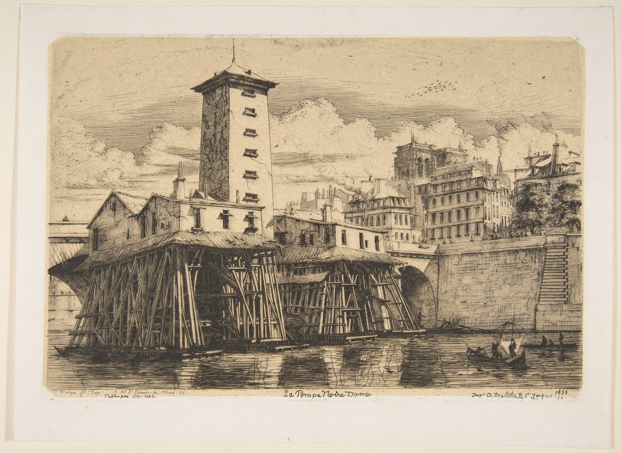 Notre-Dame-pumpen, Paris, fra «Raderinger af Paris» af Charles Meryon
