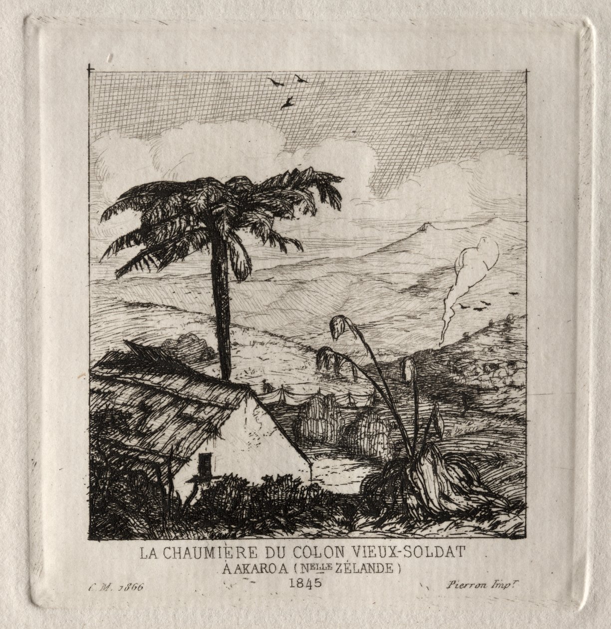Den gamle soldats nybyggerhytte i Akaroa, 1845 af Charles Meryon