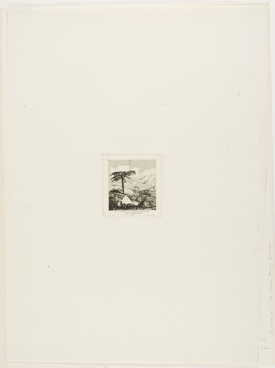 Den gamle soldats stråtækte hytte, Akaroa, 1845 af Charles Meryon