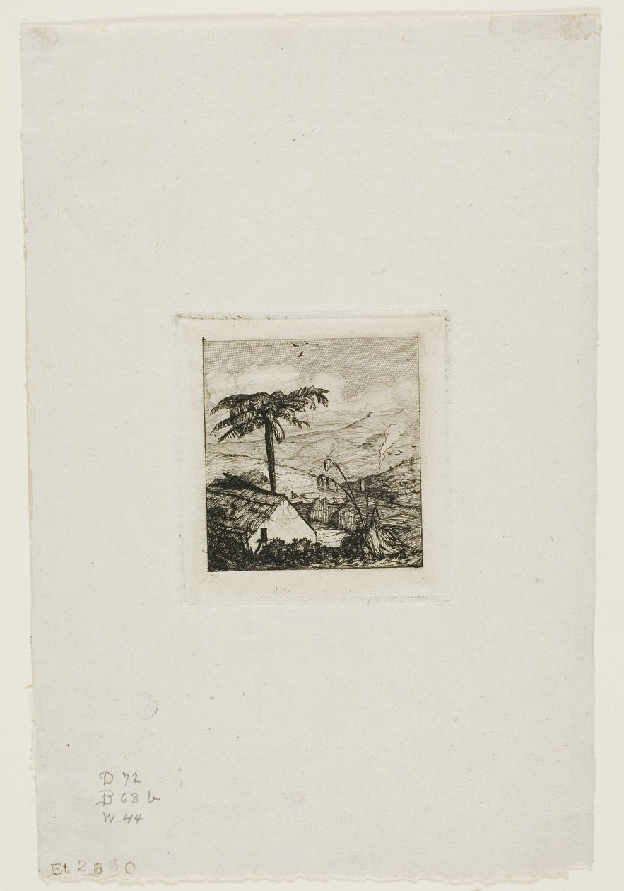 Den gamle soldats stråtækte hytte, Akaroa, 1845 af Charles Meryon