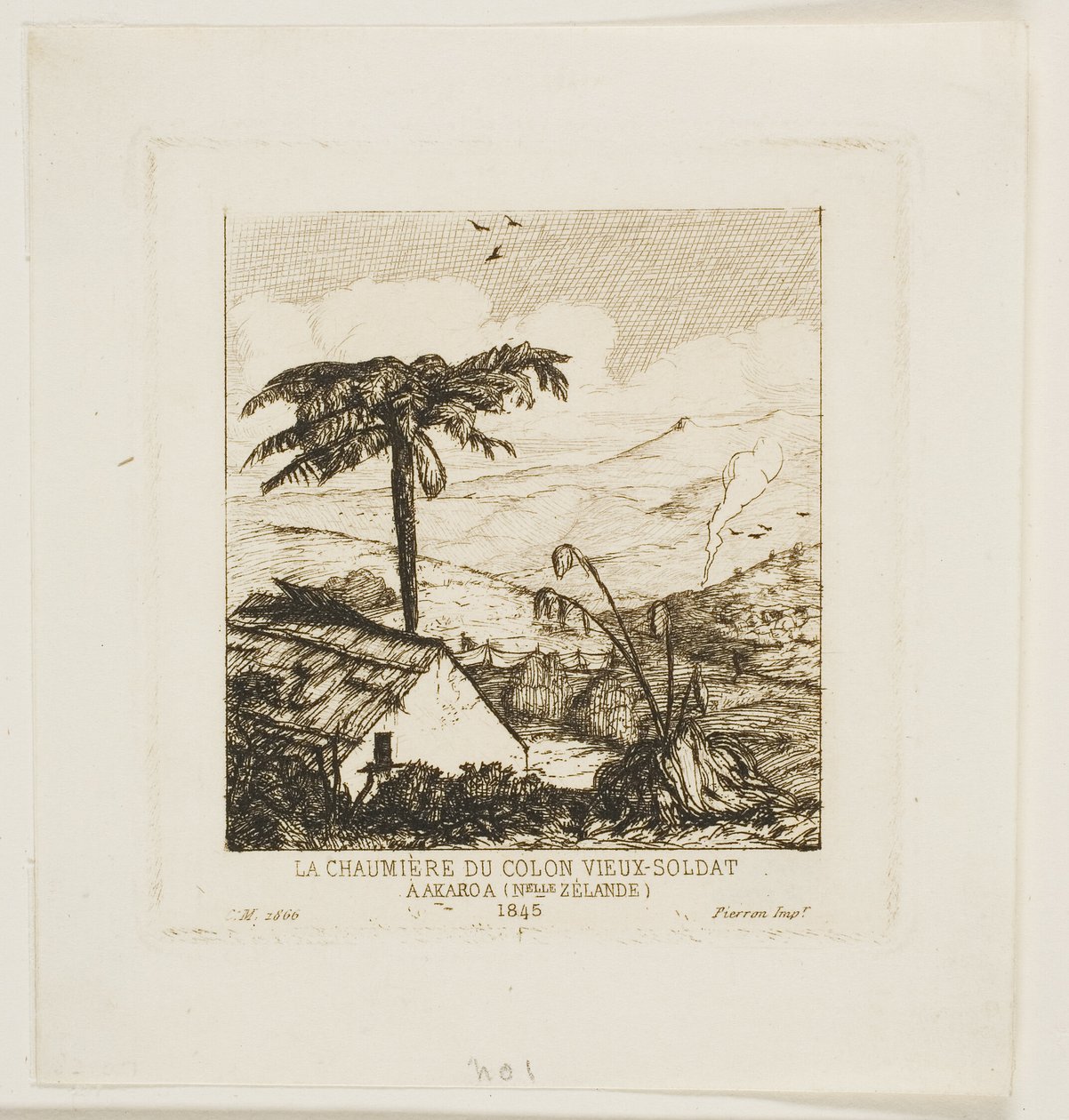Den gamle soldats stråtækte hytte, Akaroa, 1845 af Charles Meryon