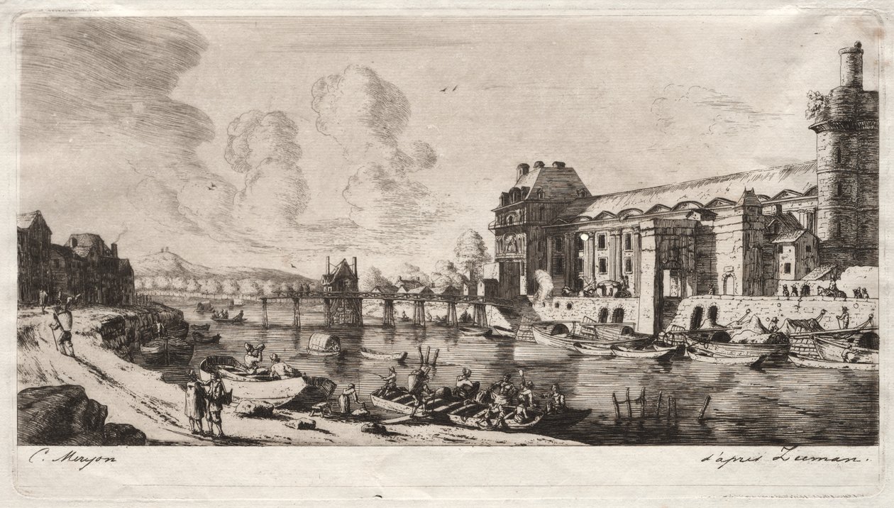 Pavillon de Mademoiselle og en del af Louvre af Charles Meryon