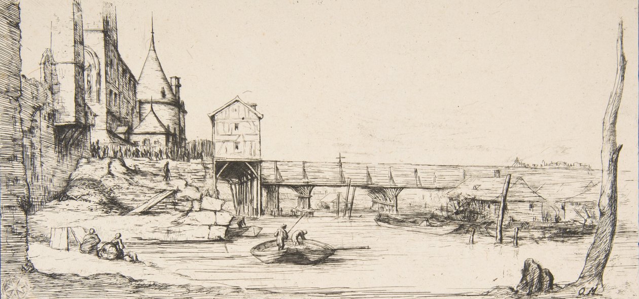 Gangbroen, der midlertidigt erstattede Pont-au-Change, Paris, efter branden i 1621, af..., 1860. af Charles Meryon